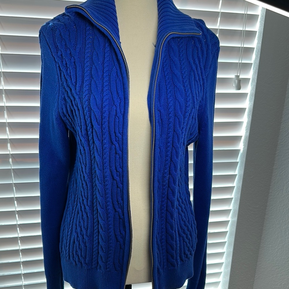 Nautica Blue Cable Knit Cardigan with Folded Collar
